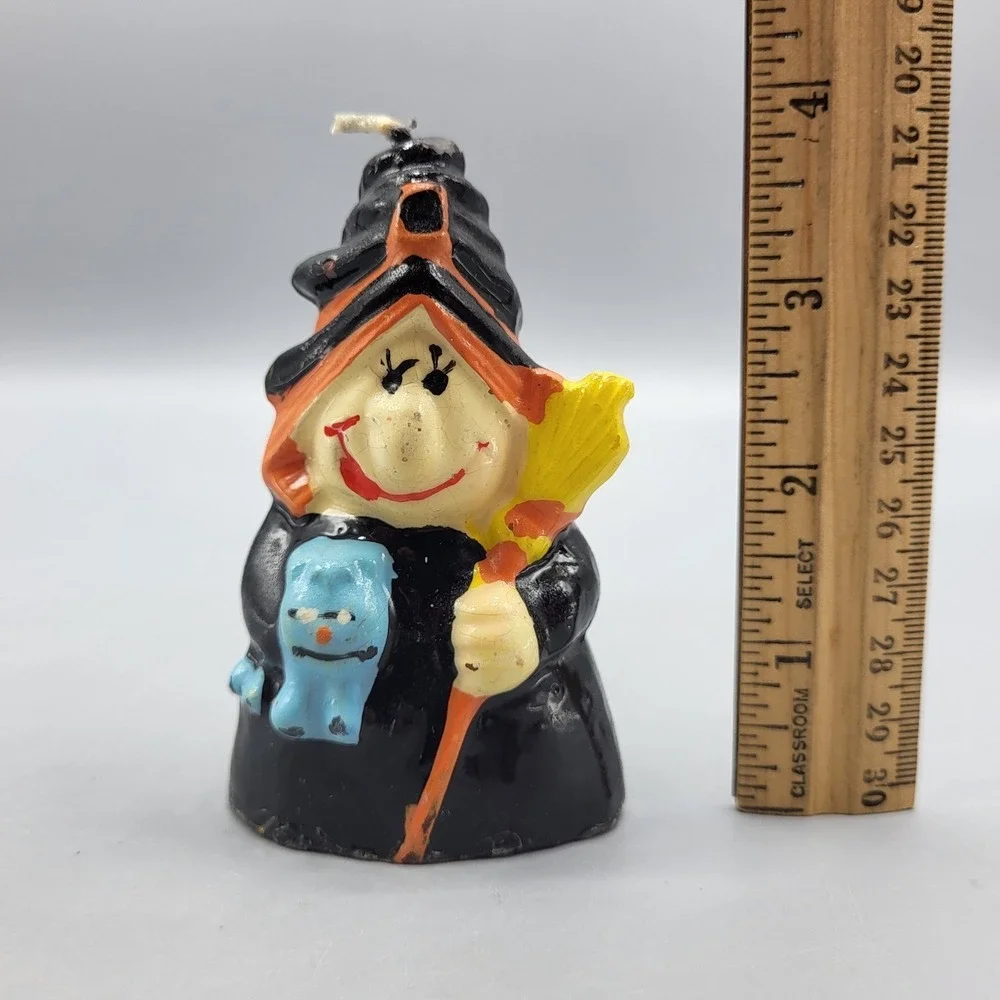 Vintage Halloween Spooky Witch Candle Figurine Small Black Orange 4